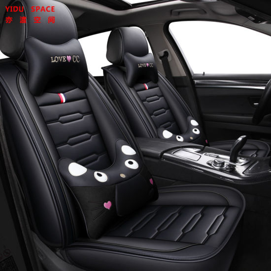 Universal New Design PVC/PU Black Leather Car Seat Cushion with Cartoon Waist Pillow