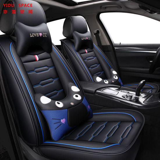 Universal New Design PVC/PU Black Leather Car Seat Cushion with Cartoon Waist Pillow
